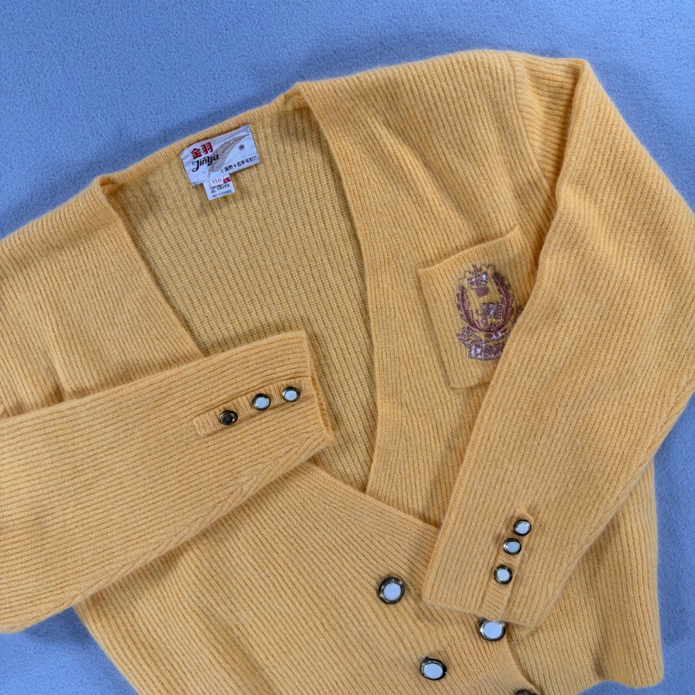 Vintage Jinyu Crest Embroidered Ribbed Double Breasted Cardigan Size 110 Crest